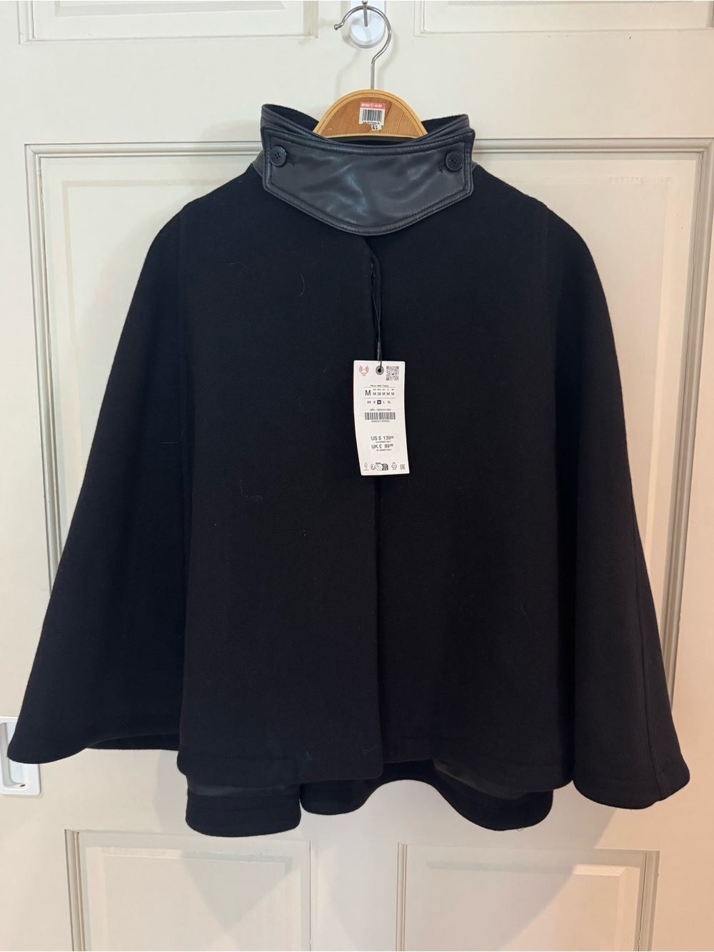 Zara Women’s Black Wool Blend Cape Coat with Leather-Trim Collar Brand new w/tag